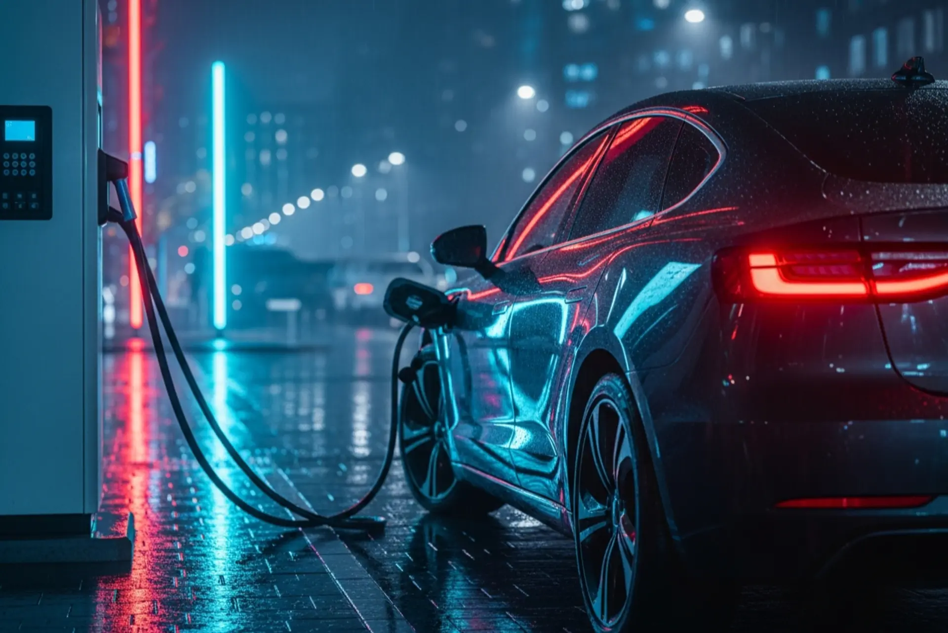 خودروی برقی در حال شارژ در ایستگاه شهری در شب
