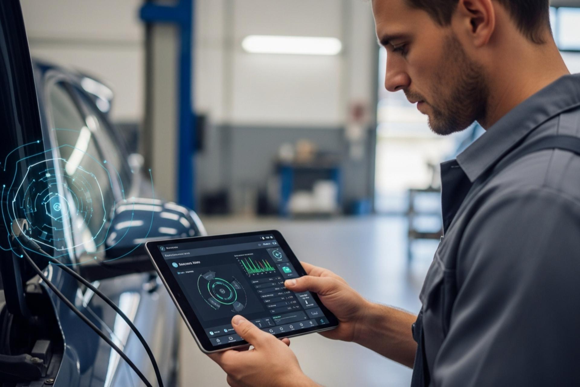 مکانیک در حال عیب‌یابی خودرو با هوش مصنوعی