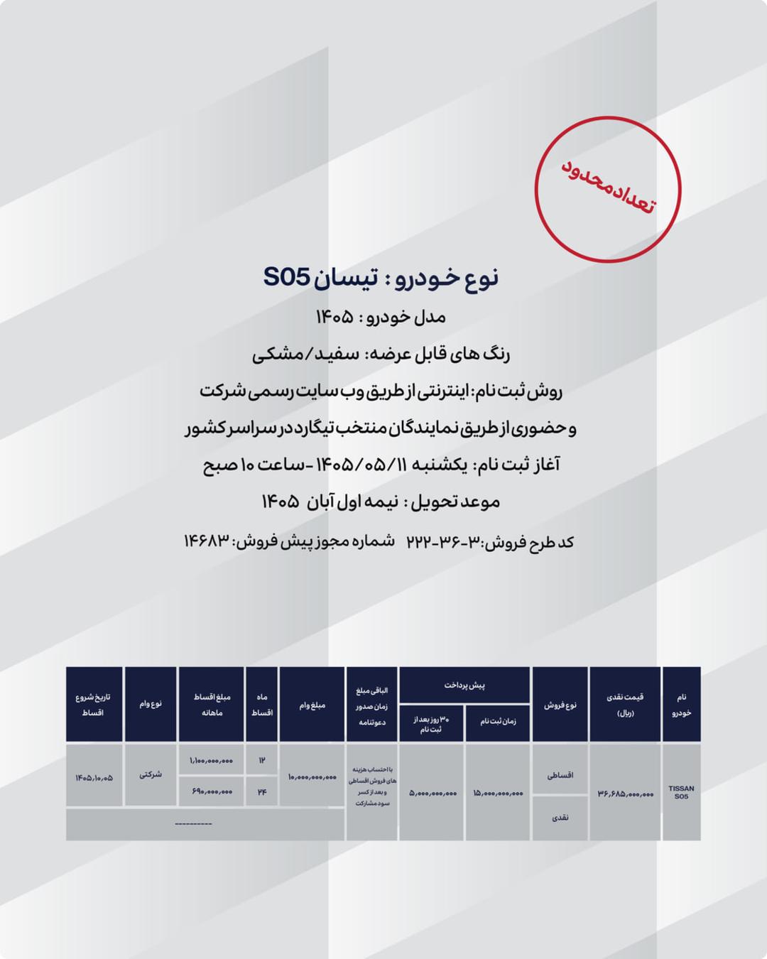 شرایط فروش تیسان S05