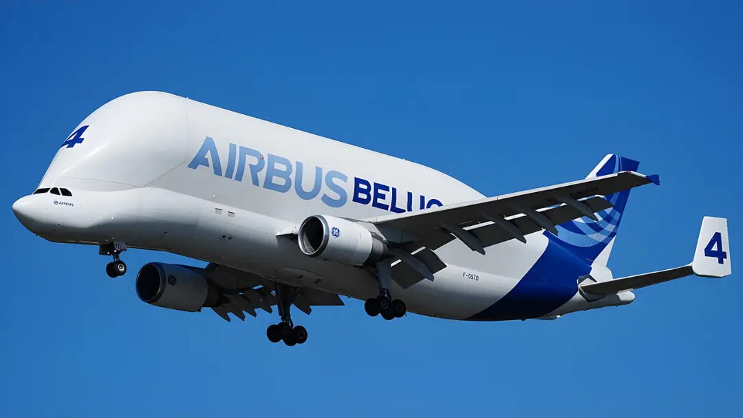 هواپیمای ترانسپورت ایرباس بلوگا (Airbus Beluga) در حال پرواز در آسمان آبی