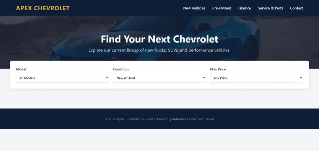 رابط کاربری وب‌سایت فروش خودروهای شورولت (Chevrolet) با فرم جستجوی مدل و قیمت