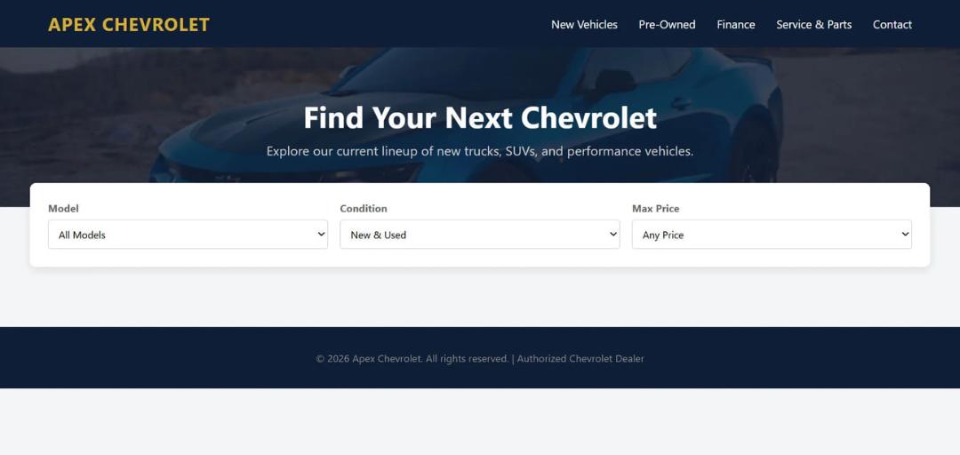 رابط کاربری وب‌سایت فروش خودروهای شورولت (Chevrolet) با فرم جستجوی مدل و قیمت