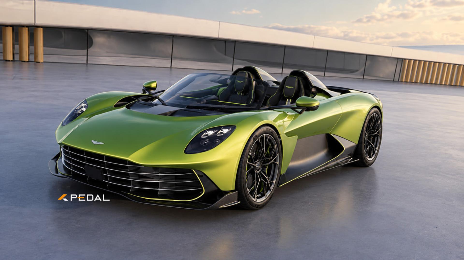 خودرو استون مارتین والهالا اسپایدر (Aston Martin Valhalla Spyder) با رنگ سبز متالیک در فضای باز