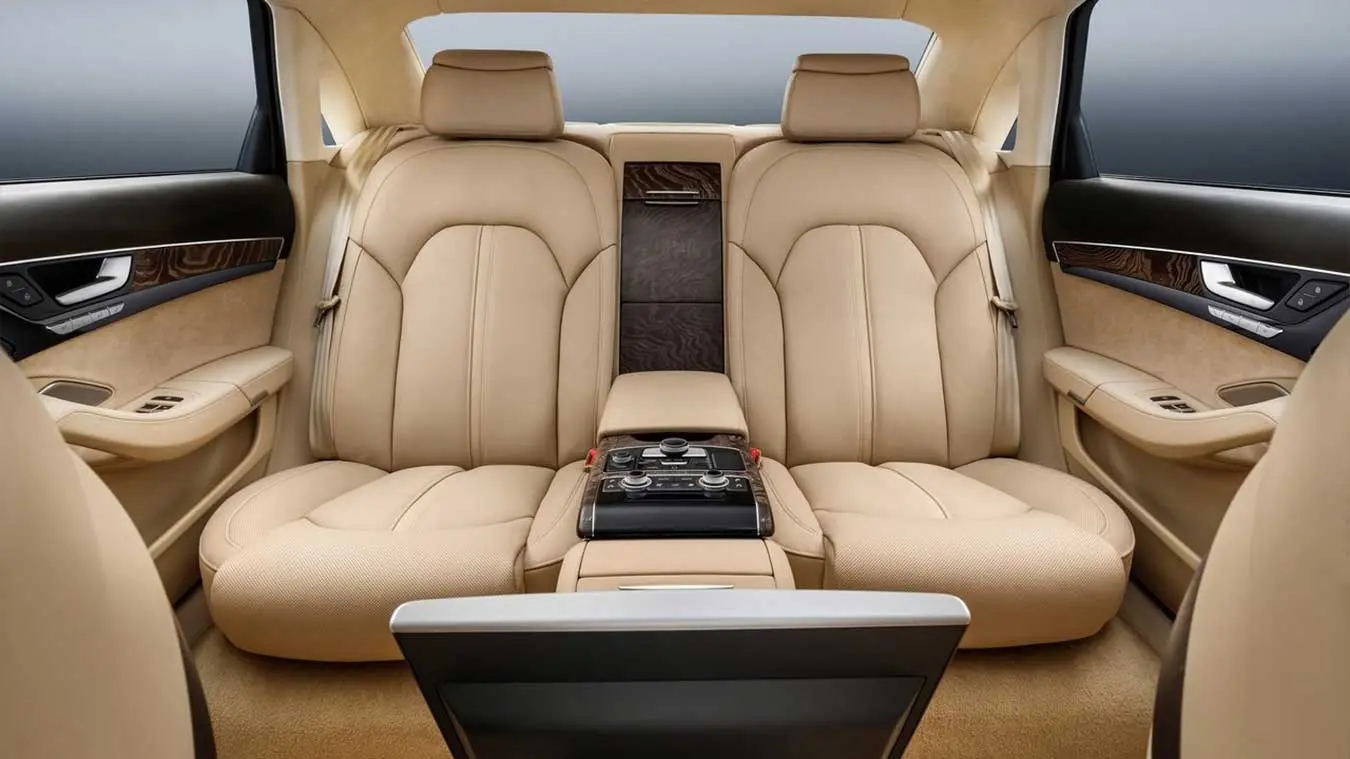 صندلی‌های چرمی کرم‌رنگ در کابین عقب لیموزین آئودی (Audi) A8