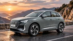 خودرو برقی آئودی Q4 ای‌ترون (Audi Q4 e-tron) در جاده‌ای کوهستانی هنگام غروب