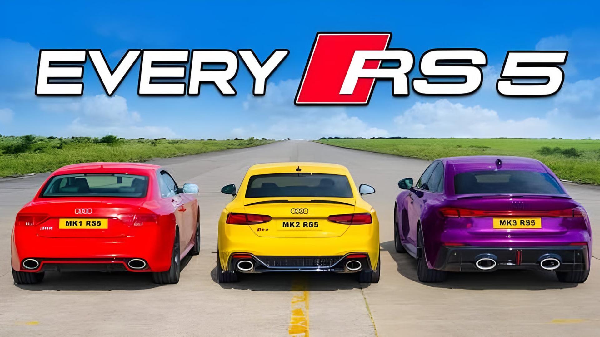 سه مدل مختلف آئودی RS5 (Audi RS5) در سه رنگ قرمز، زرد و بنفش در یک مسیر مستقیم
