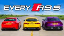 سه مدل مختلف آئودی RS5 (Audi RS5) در سه رنگ قرمز، زرد و بنفش در یک مسیر مستقیم