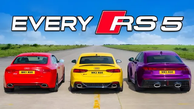 سه مدل مختلف آئودی RS5 (Audi RS5) در سه رنگ قرمز، زرد و بنفش در یک مسیر مستقیم