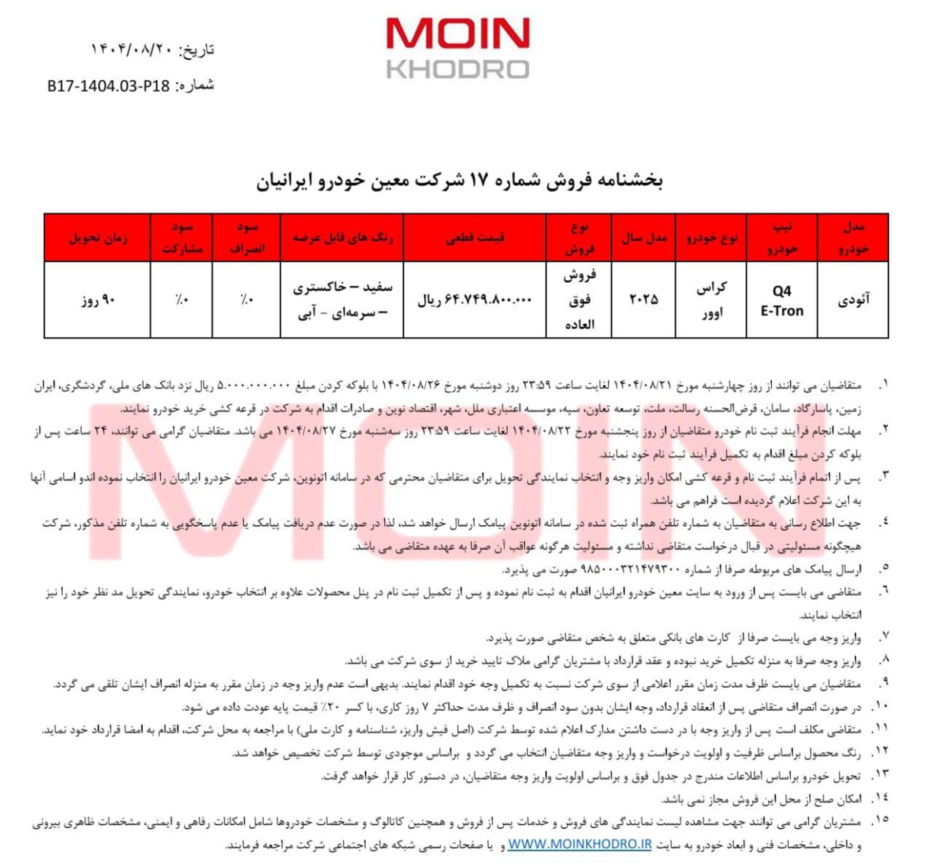 شرایط فروش آئودی معین خودرو آبان 1404 - 1