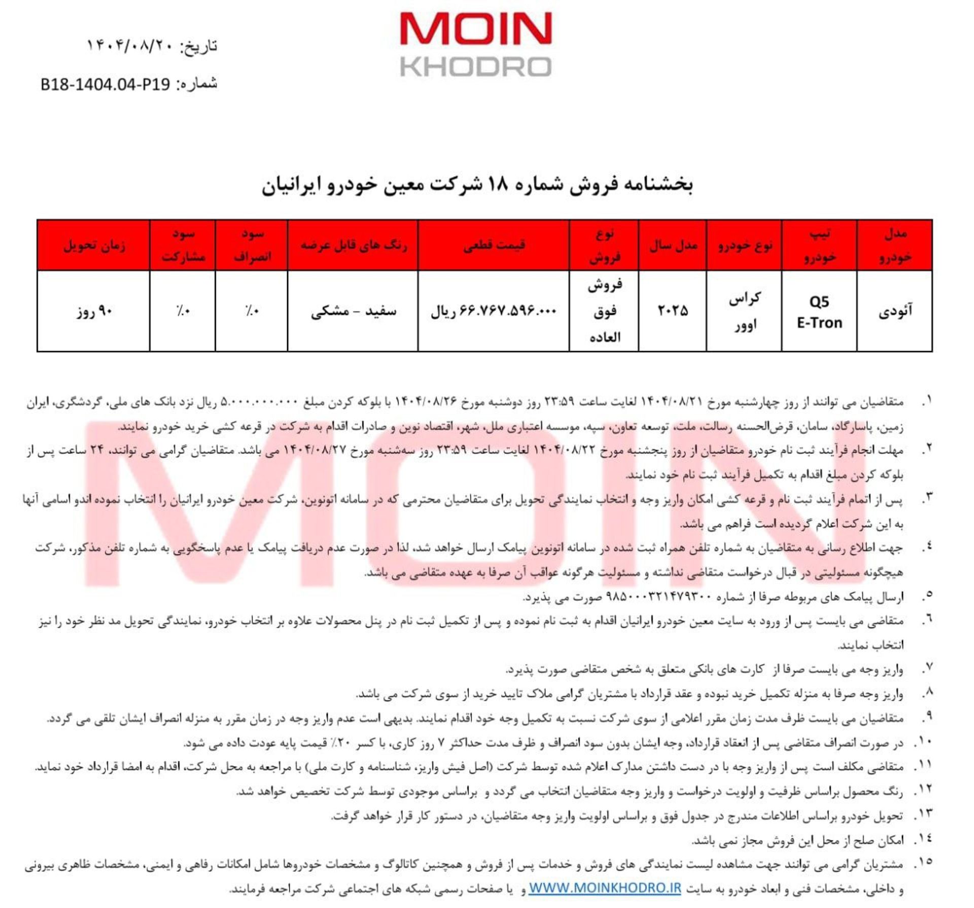 شرایط فروش آئودی معین خودرو آبان 1404 - 2