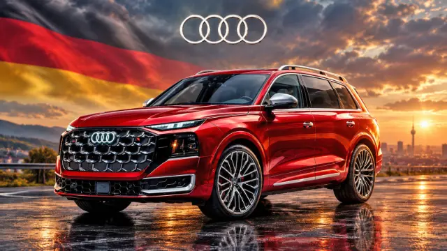 شاسی‌بلند قرمز رنگ آئودی (Audi) SQ9 مدل ۲۰۲۷ در فضای باز
