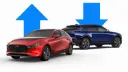 خودروهای مزدا (Mazda) قرمز و آبی با فلش‌های صعودی و نزولی