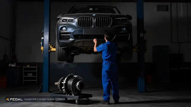 خودروی ب‌ام‌و (BMW) روی آسانسور لیفت خودرو در تعمیرگاه