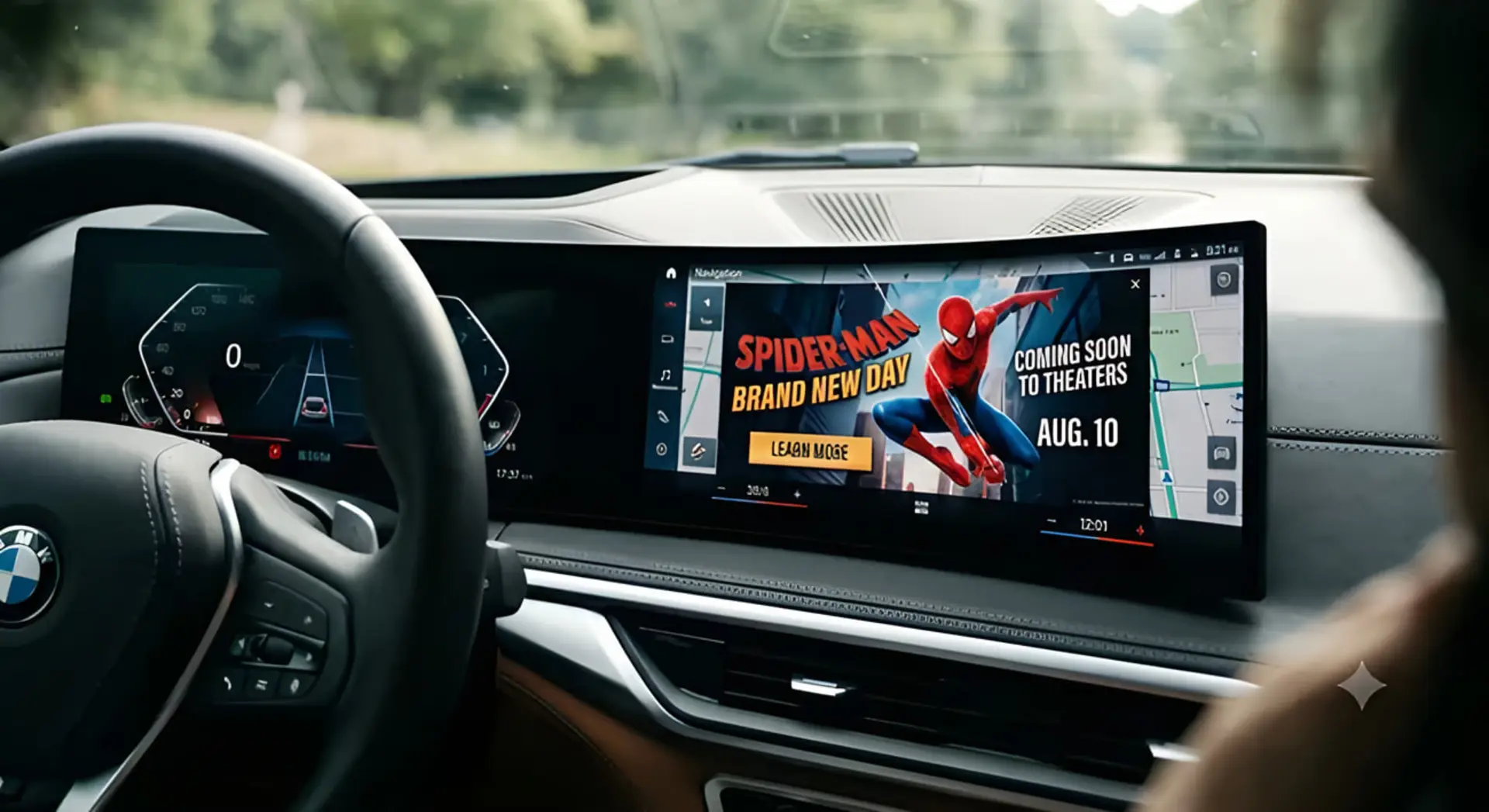 نمایش تبلیغ فیلم مرد عنکبوتی (Spider-Man) در نمایشگر بزرگ کابین خودروی بی‌ام‌و (BMW)