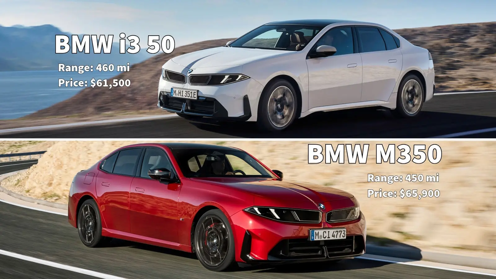 خودروهای برقی بی‌ام دبلیو (BMW) مدل i3 50 سفید و M350 قرمز در حال حرکت