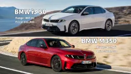 خودروهای برقی بی‌ام دبلیو (BMW) مدل i3 50 سفید و M350 قرمز در حال حرکت