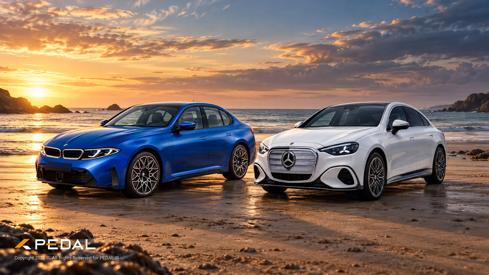 خودروهای برقی بی ام و i3 (BMW i3) و مرسدس بنز C کلاس (Mercedes-Benz C-Class) در ساحل