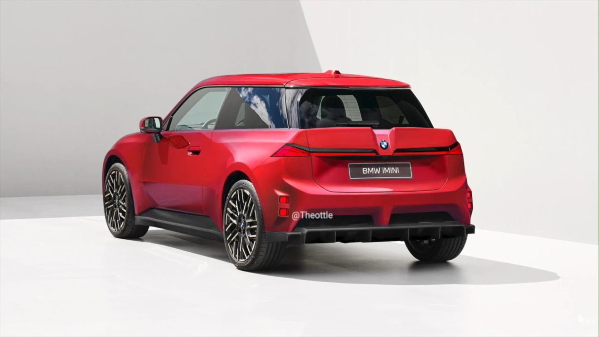 نمای پشت خودروی مفهومی قرمز رنگ با برند BMW iMINI در یک فضای استودیویی سفید