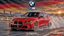 خودروی بی‌ام‌و M3 CS (BMW M3 CS) قرمز در حال دریفت کشیدن در پیست مسابقه