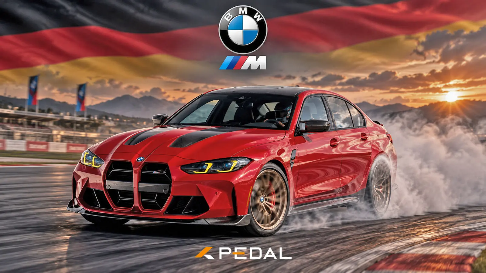خودروی بی‌ام‌و M3 CS (BMW M3 CS) قرمز در حال دریفت کشیدن در پیست مسابقه