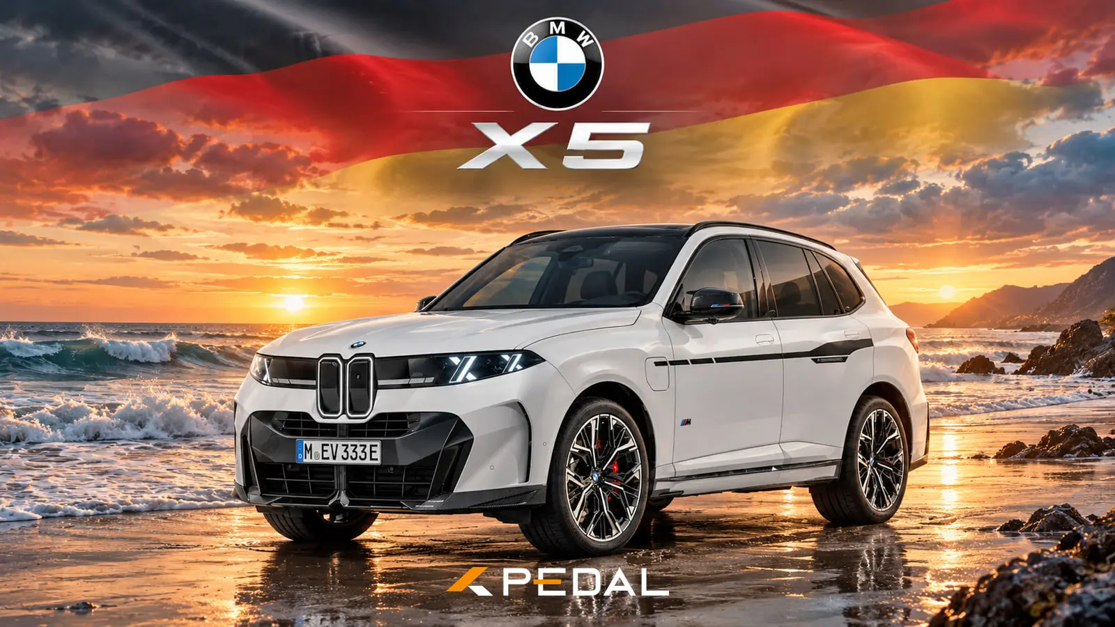 خودرو بی‌ام‌و X5 (BMW X5) سفید رنگ در ساحل هنگام غروب