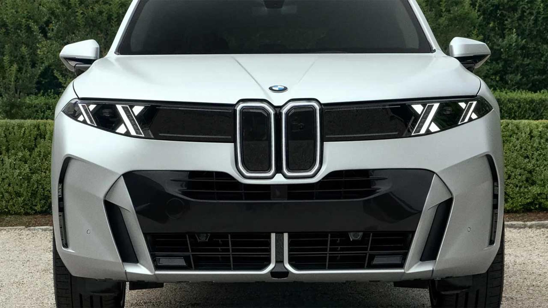 نمای جلوی خودروی بی‌ام‌و (BMW) با جلوپنجره دوگانه و چراغ‌های مدرن