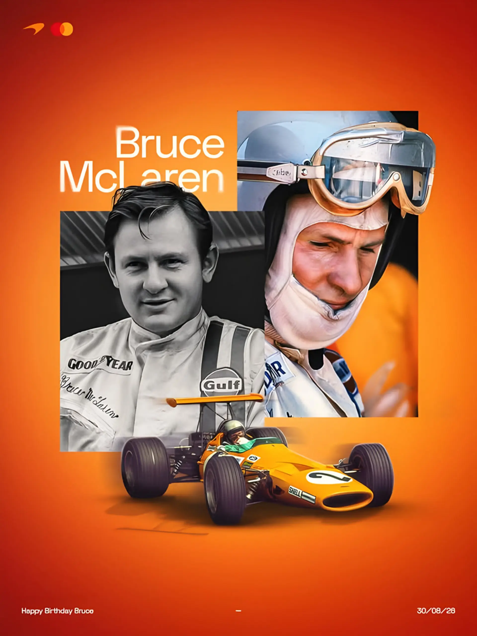 بروس مکلارن (Bruce McLaren) در کنار خودروی مسابقهای نارنجی رنگ فرمول یک