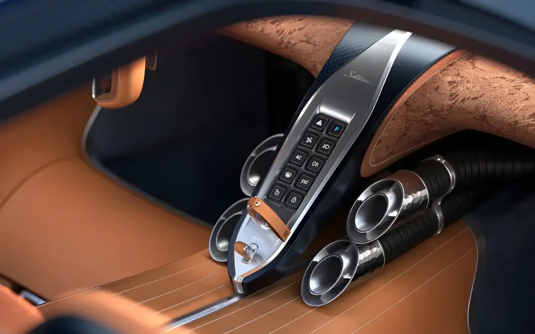 نمای نزدیک از کنسول مرکزی و دکمه‌های کنترل خودروی بوگاتی (Bugatti)