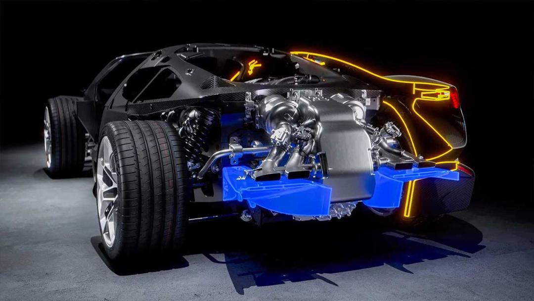 موتور و سیستم تعلیق خودروی بوگاتی (Bugatti) با خطوط نوری نمایان شده است