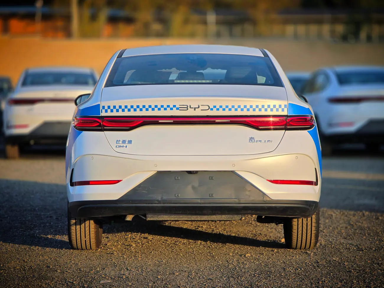 نمای عقب خودروی برقی BYD (بی وای دی چین) با طرح‌های آبی و سفید
