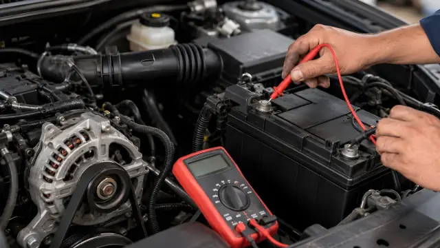 باتری خودرو با مولتی‌متر (Multimeter) برای بررسی سلامت ولتاژ تست می‌شود