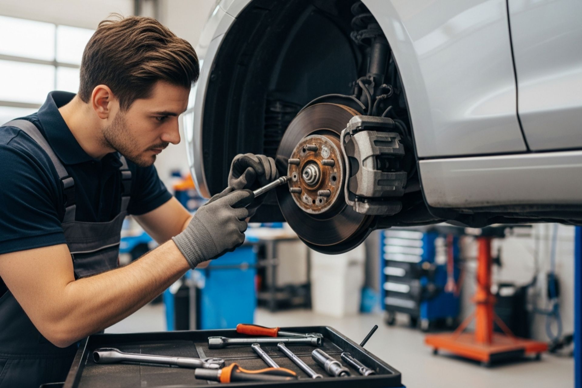 نمای نزدیک از قطعات سیستم ترمز خودرو هنگام بازرسی