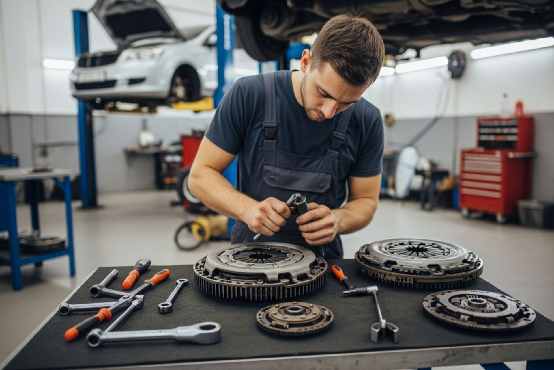 قطعات باز شده سیستم کلاچ خودرو روی میز کار