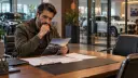 مردی در حال مطالعه برگه اطلاعات طرح‌های بلندمدت خودرویی در نمایشگاه