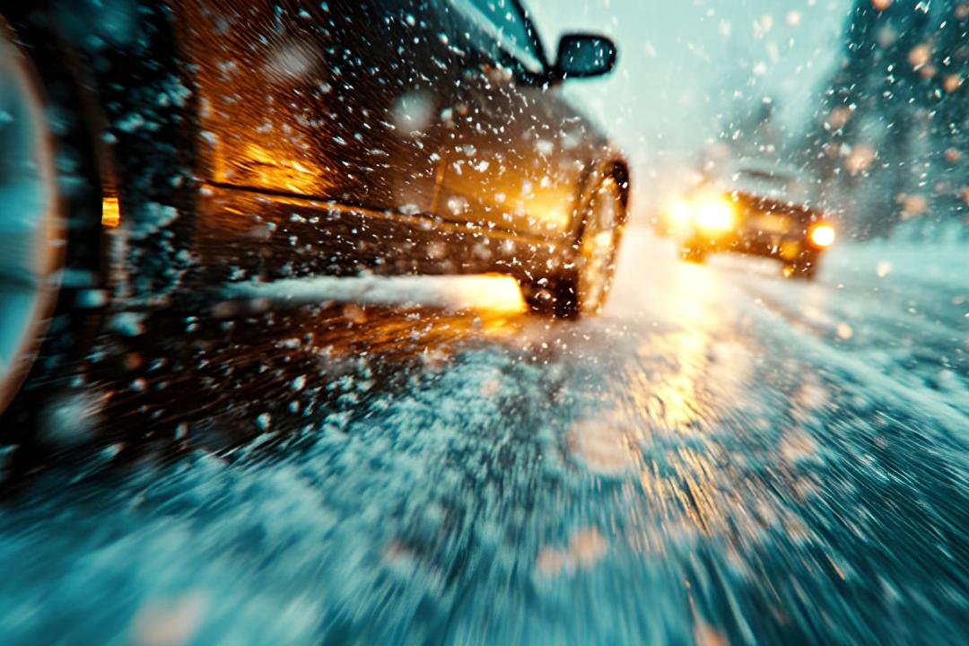 خودرو در حال حرکت روی جاده‌ای پوشیده از برف و یخ در شرایط جوی نامساعد