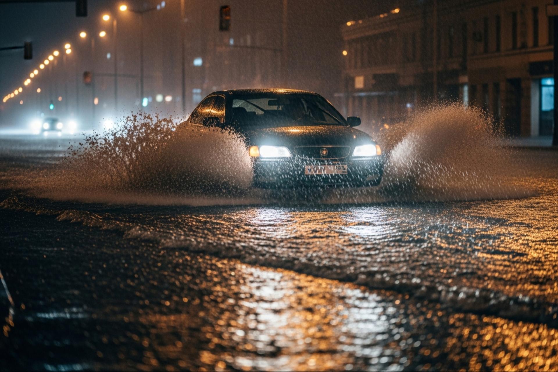 خودرو در حال رانندگی در خیابان سیل زده شهری