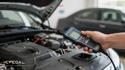 دست شخص در حال کار با دستگاه عیب‌یاب در موتور خودرو