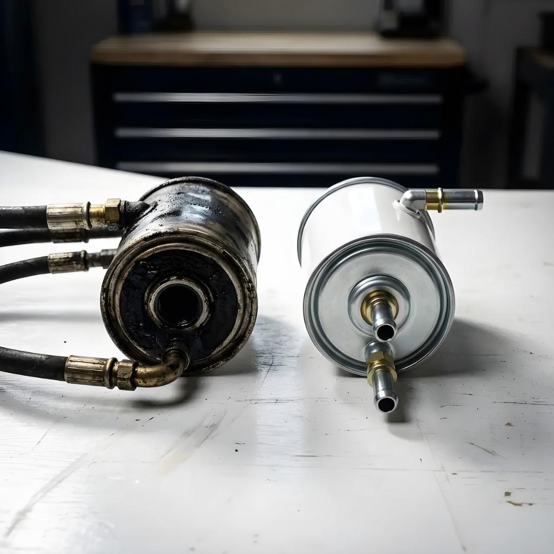 فیلتر بنزین (Fuel Filter) سالم و کثیف روی میز کار