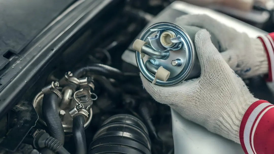 فیلتر بنزین (Fuel Filter) جدید در دست تعمیرکار در موتور خودرو