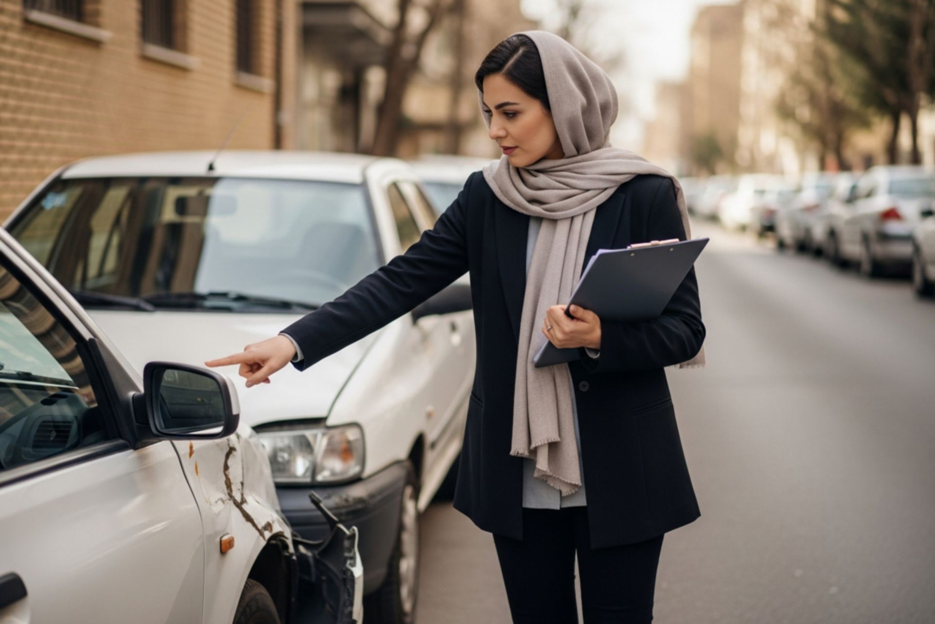 کارشناس بیمه در حال بررسی خسارت خودروی تصادفی