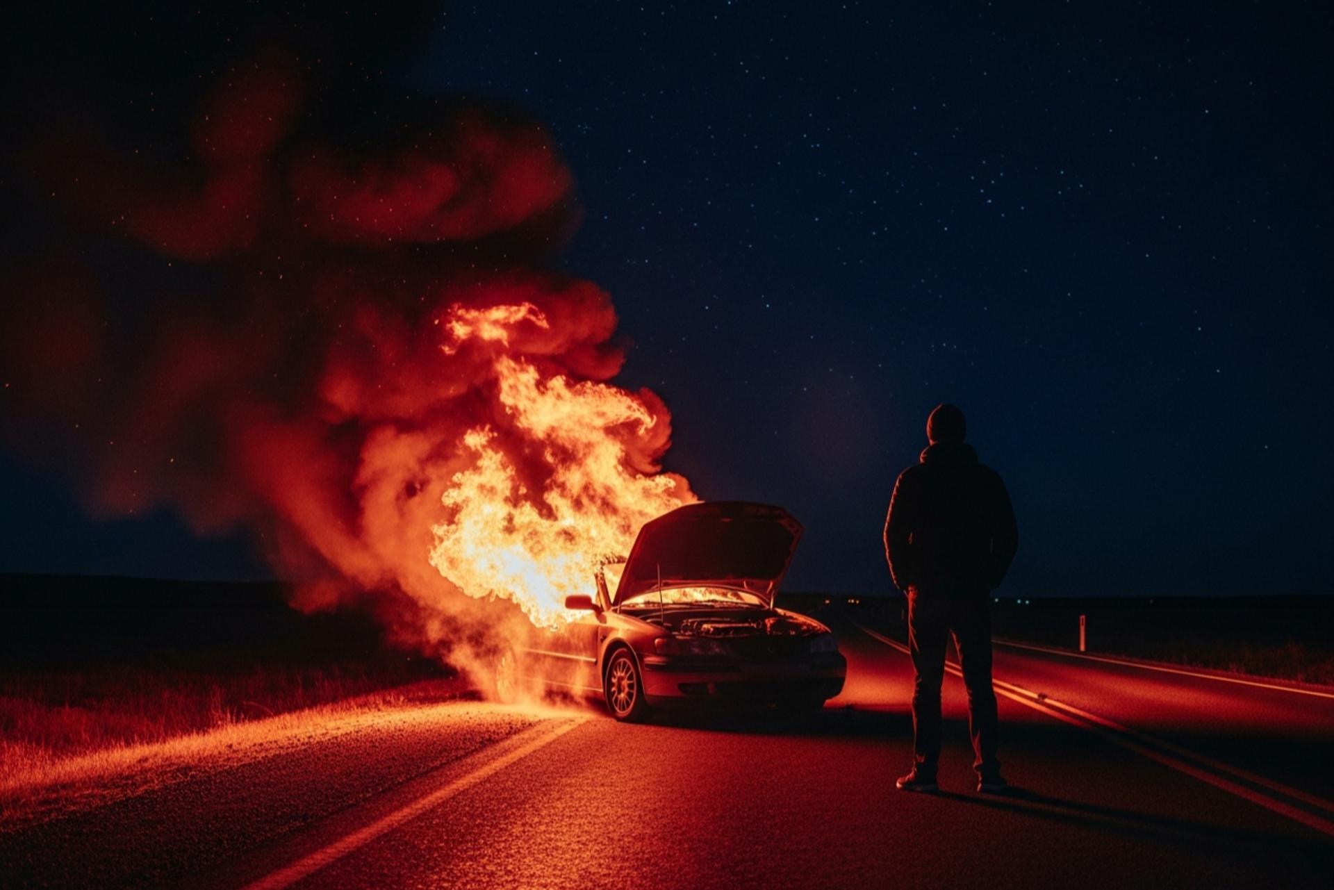 آتش سوزی یک خودرو در حاشیه امن جاده در شب