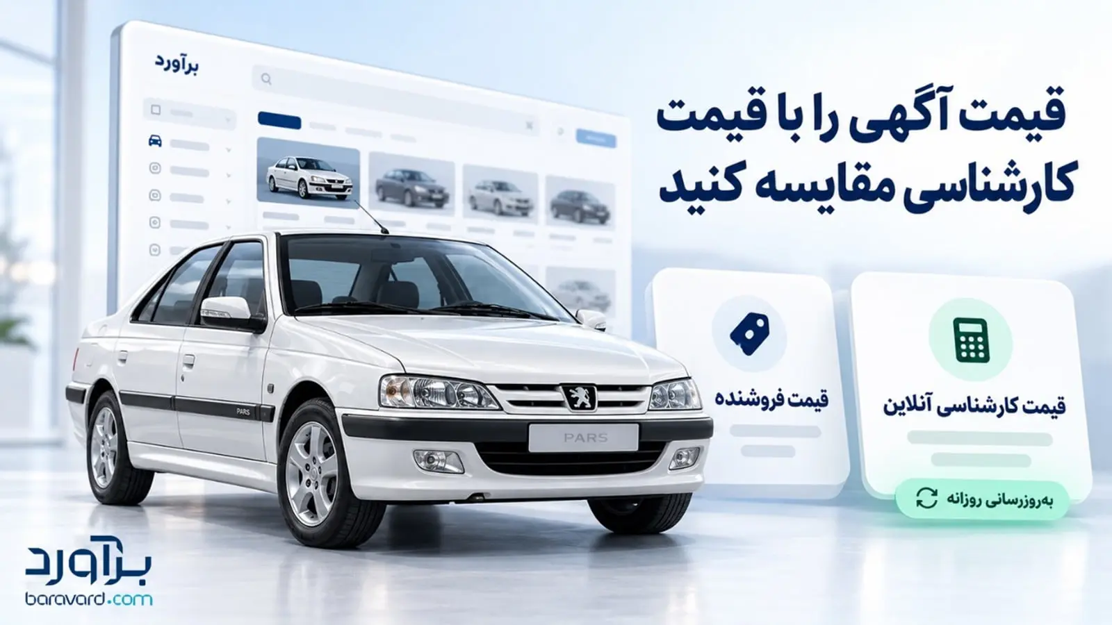 خودروی پژو پارس (Peugeot Pars) سفید در کنار رابط کاربری اپلیکیشن برآورد