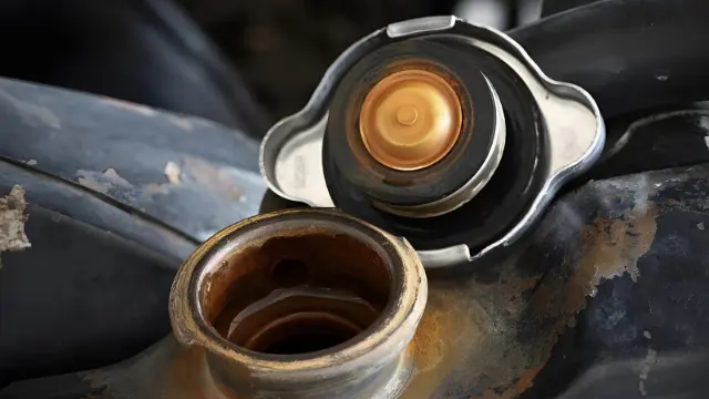 درپوش رادیاتور (Radiator Cap) و دهانه فلزی رادیاتور خودرو با آثار خوردگی
