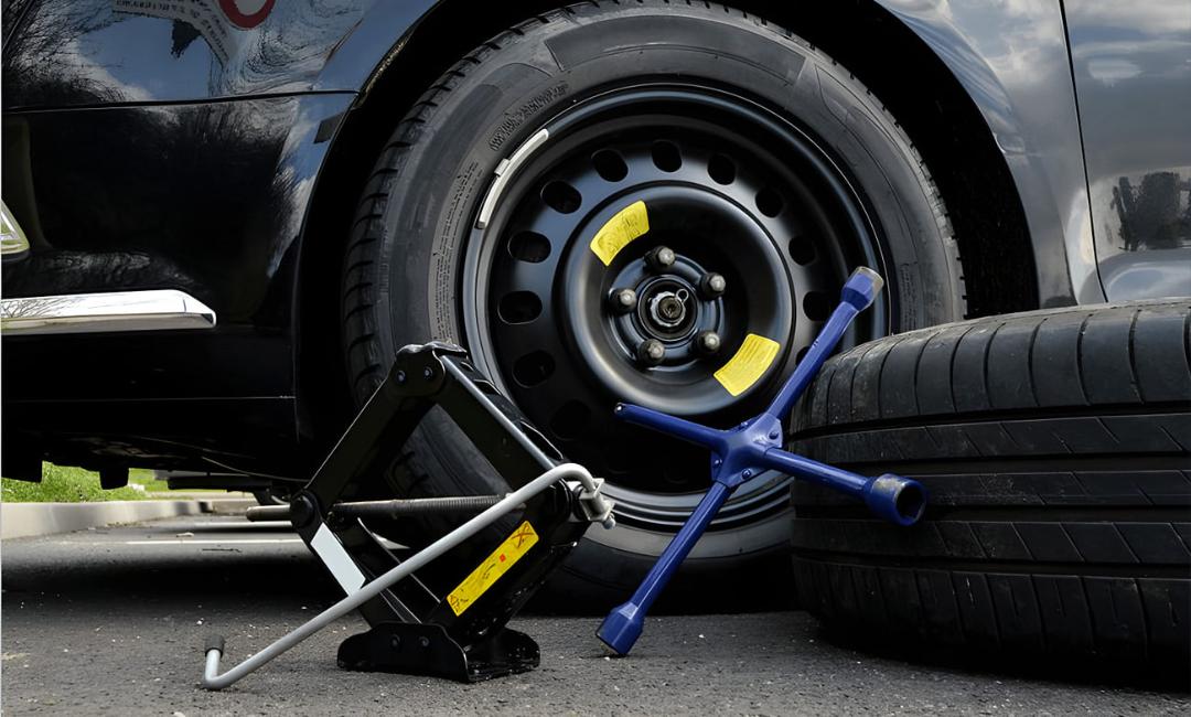 ابزارهای تعویض لاستیک شامل جک و آچار چرخ در کنار خودرو