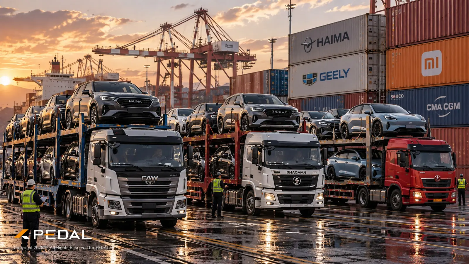 خودروهای جدید برندهای هایما (Haima) و جیلی (Geely) روی کامیون‌های حمل خودرو در بندر