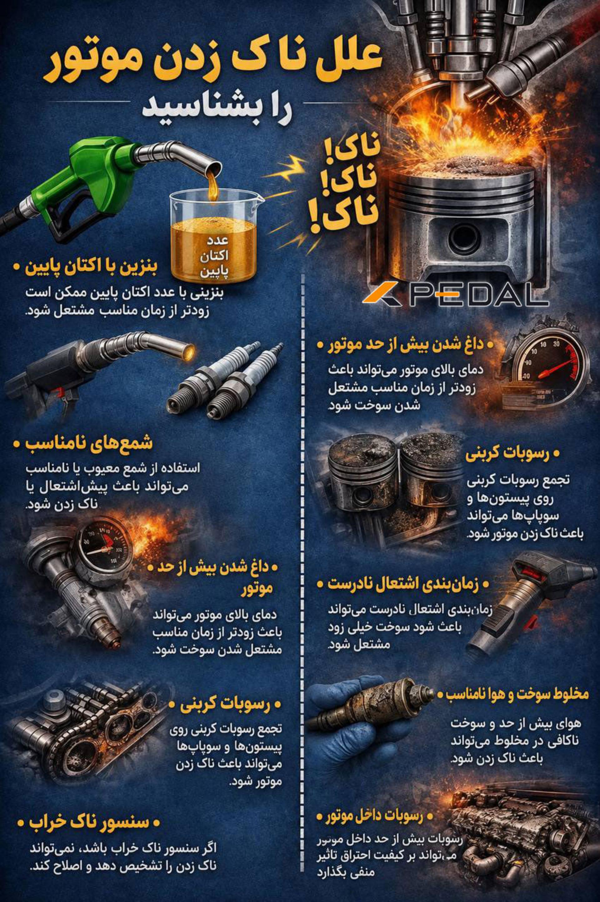 اینفوگرافیک آموزشی درباره علل مختلف ناک زدن موتور خودرو شامل اکتان پایین بنزین و رسوبات کربنی