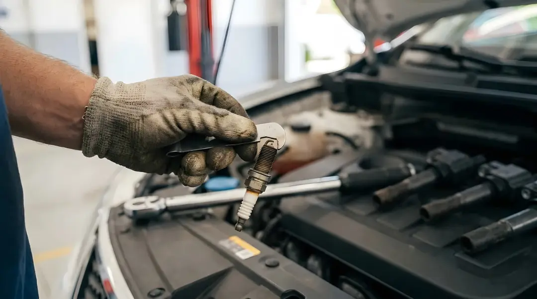 شمع موتور (Spark Plug) در حال نصب توسط تعمیرکار در موتور خودرو