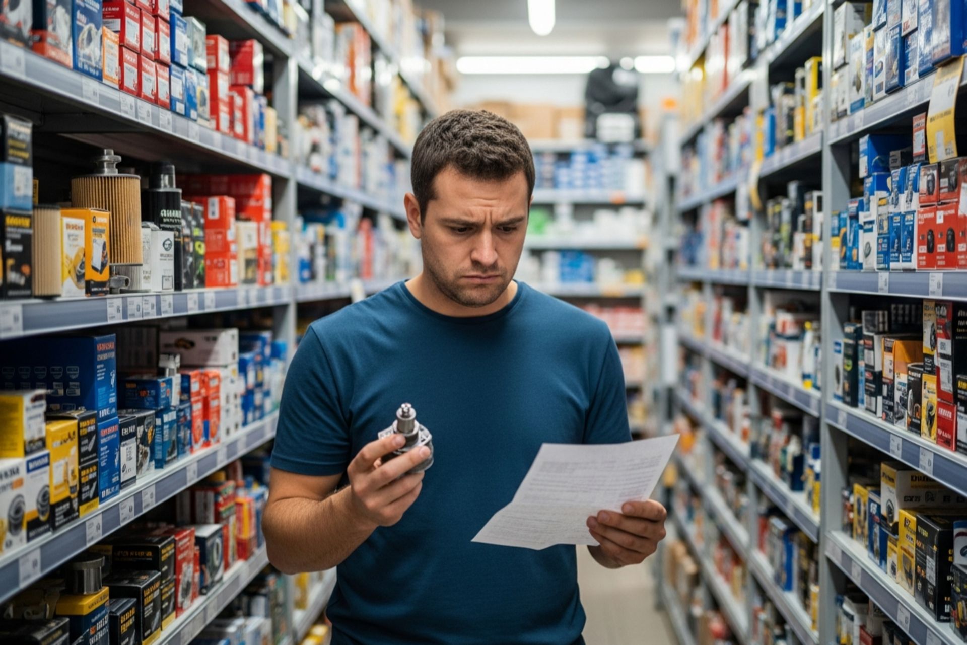 مشتری سردرگم در فروشگاه قطعات یدکی خودرو