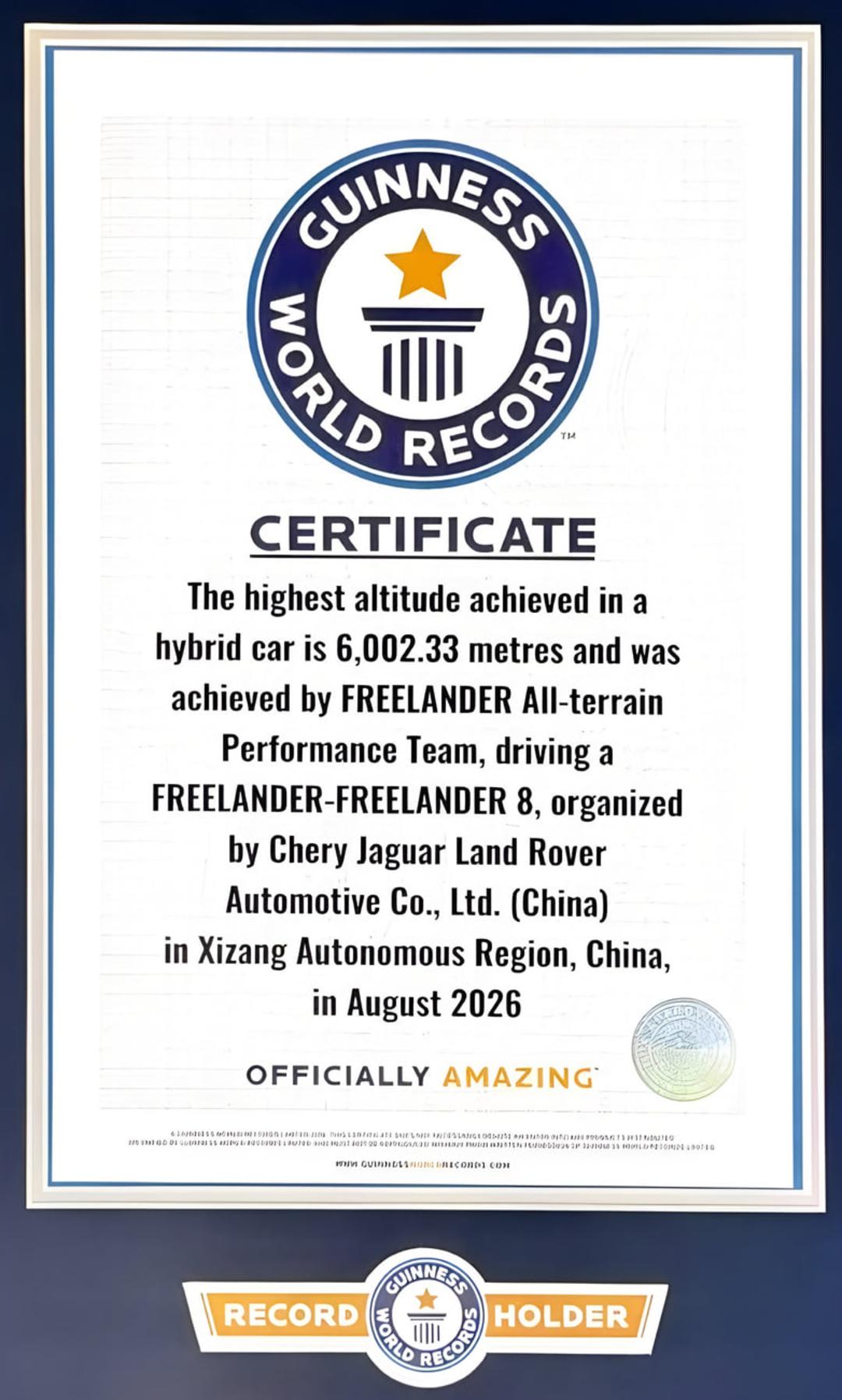 گواهی رکورد گینس (Guinness World Records) برای بالاترین ارتفاع طی شده با خودروی هیبریدی