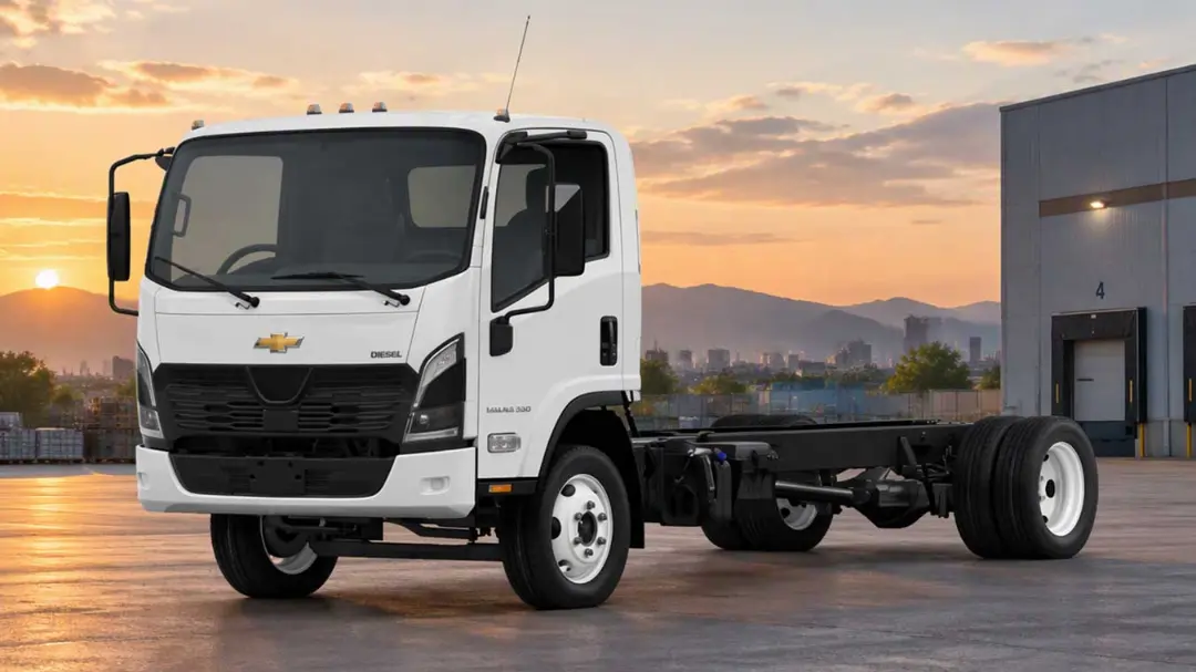 شاسی کامیونت شورلت (Chevrolet) با کابین سفید و چرخ‌های دوجداره